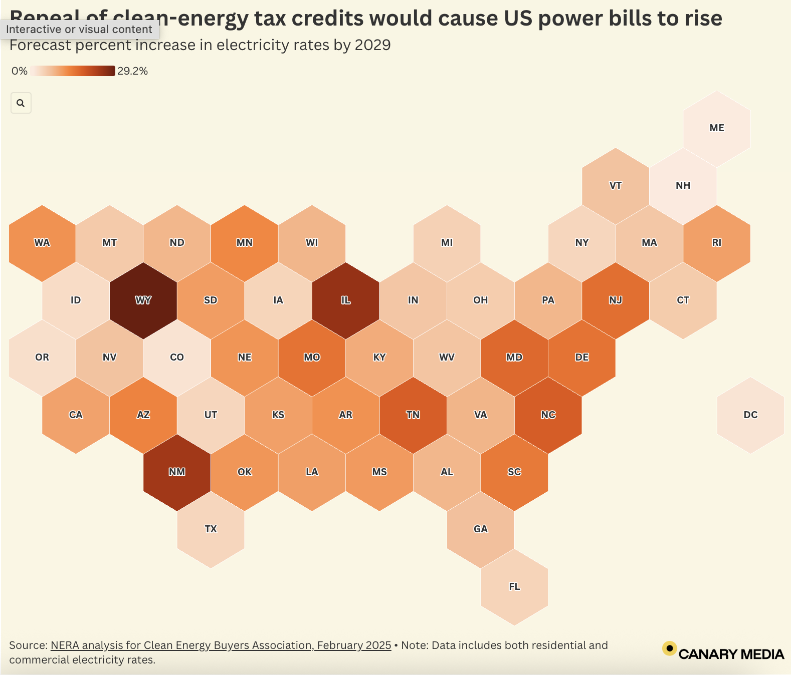 graphic map of united states showing how much energy costs are expected to rise by state with the repeal of federal clean energy tax cuts by state